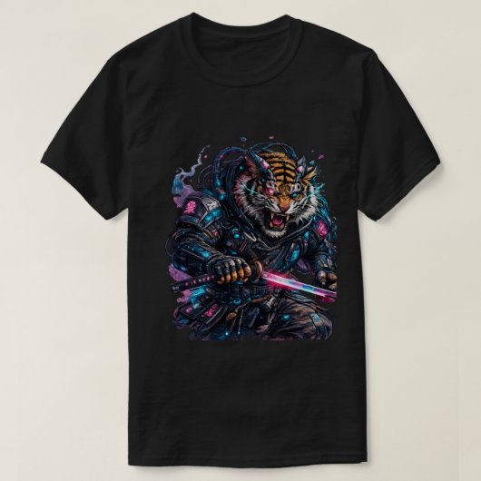 サイバーパンクタイガーサムライ 未来的カタナTシャツ Tシャツ (デザイン正面)