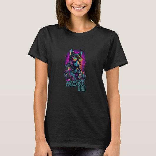 サイバーパンクハスキー愛パパ未来的ハスキー Tシャツ (正面)