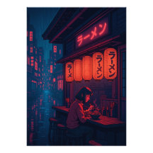 サイバーパンクラーメンナイトポスター - ネオン日本都市