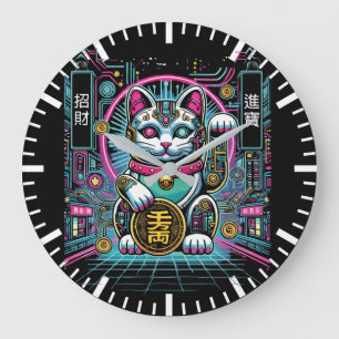 サイバーパンクロボット招き猫ラッキーキャットお金 ラージ壁時計