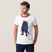 サイバーパンク侍ねこネオンアニメアート Tシャツ (正面フル)