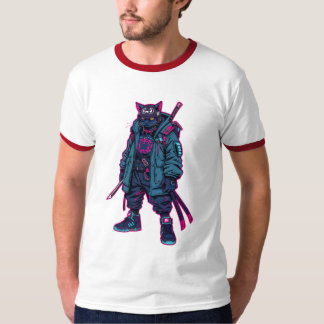 サイバーパンク侍ねこネオンアニメアート Tシャツ