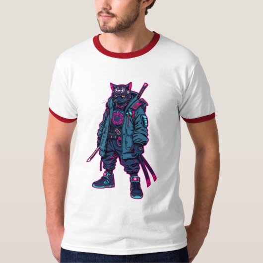 サイバーパンク侍ねこネオンアニメアート Tシャツ (正面)