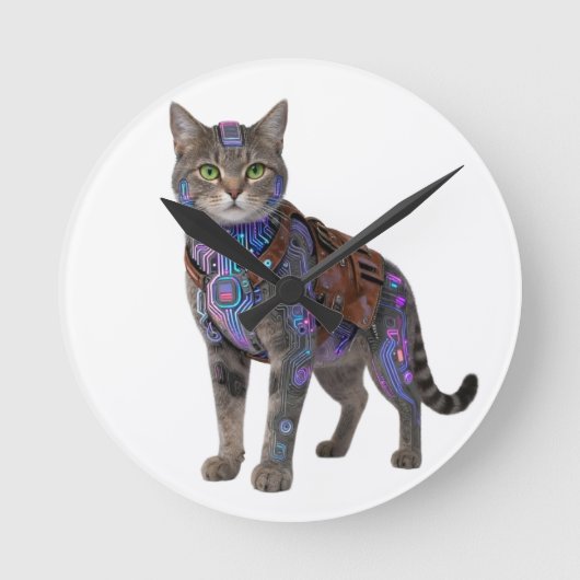 サイバーパンク回路猫 - ネオンテックビースト ラウンド壁時計 (正面)