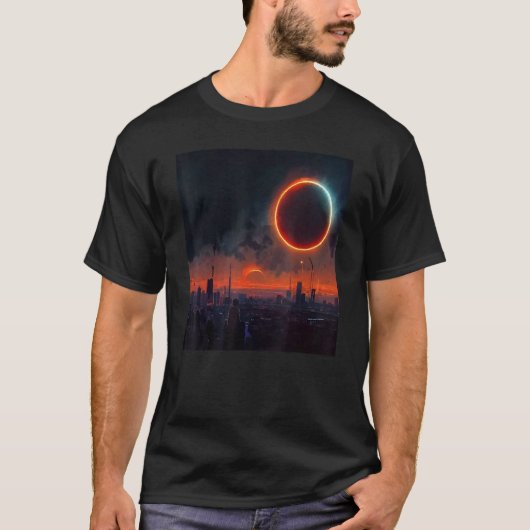 サイバーパンク太陽のエクリプスファンタジー世界都市景観イム Tシャツ (正面)