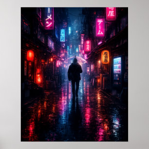 サイバーパンク東京雨の路地ネオン日本語 ポスター