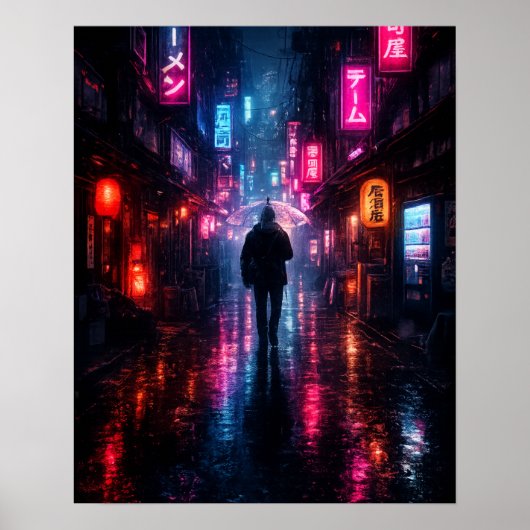 サイバーパンク東京雨の路地ネオン日本語 ポスター (正面)