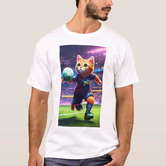 サイバーパンク猫サッカー選手がゴールを狙う |数字 Tシャツ (正面)