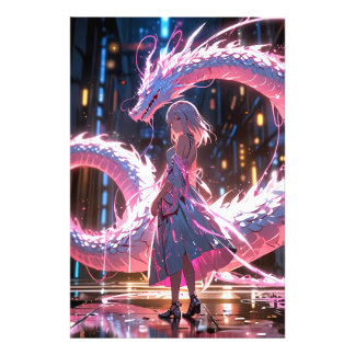 サイバーパンク アニメ女子 ネオン竜 ファンタジーアート フォトプリント