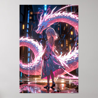 サイバーパンク アニメ女子 ネオン竜 ファンタジーアート ポスター