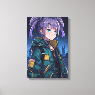 サイバーパンク アニメ女子 ポニーテール カモフラジャケット アート キャンバスプリント