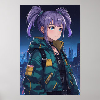 サイバーパンク アニメ女子 ポニーテール カモフラジャケット アート ポスター