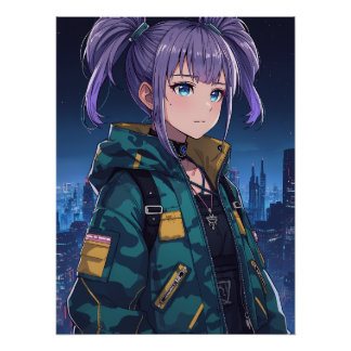 サイバーパンク アニメ女子 ポニーテール カモフラジャケット アート ポスター