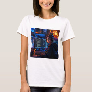 サイバーパンク ガール コーダー Tシャツ - ネオン ゲーム風
