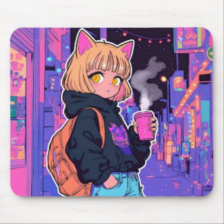 サイバーパンク キャットガール マウスパッド – ネオン調デザイン