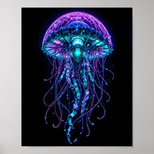 サイバーパンク クラゲ - ネオン生物発光深海 ポスター (正面)