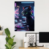サイバーパンク ゲーマー 猫 アート ポスター (ホームオフィス)