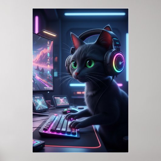 サイバーパンク ゲーマー 猫 アート ポスター (正面)