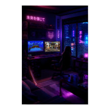 サイバーパンク ゲーミング セットアップ ネオン ルーム アート ポスター