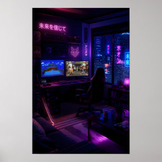 サイバーパンク ゲーミング セットアップ ネオン ルーム アート ポスター