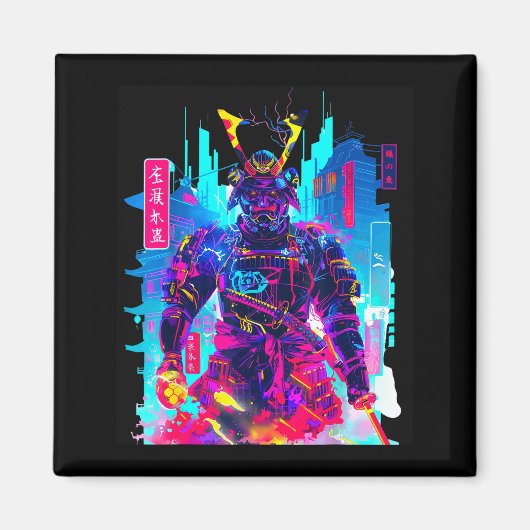 サイバーパンク ネオン サムライ アート マグネット (正面)