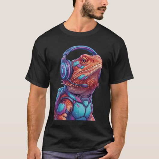 サイバーパンク ヒゲドラゴン ゲーマー ネオン トカゲ Tシャツ (正面)