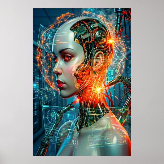 サイバーパンク 女性 サイボーグ ネオン SF テクノロジー アート ポスター (正面)