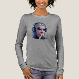 サイバーパンクDJ女子ネオンヘッドフォン長袖Tシャツ トライブレンドＴシャツ
