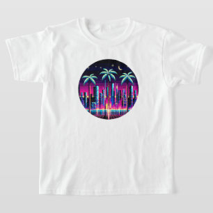 サイバーパームズネオンピクセルアートレトロ未来的デザイン Tシャツ