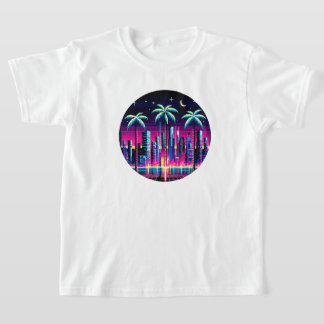 サイバーパームズネオンピクセルアートレトロ未来的デザイン Tシャツ