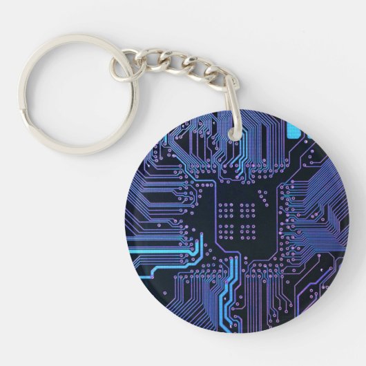 サイバーブルーPCB回路基板トレースパターンアート キーホルダー (正面)