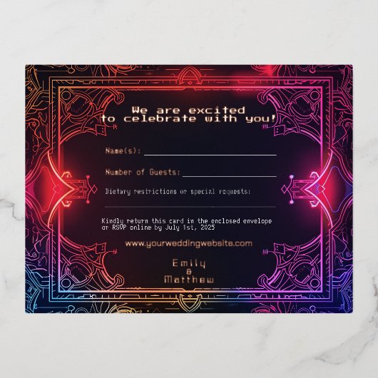 サイバー中世フュージョン結婚式RSVPカード実在フォイル 箔シーズンポストカード (正面)