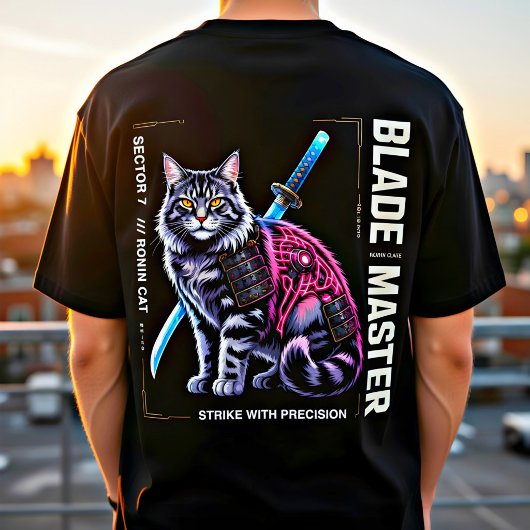 サイバー侍猫ポスター - ネオン戦士ギフト Tシャツ