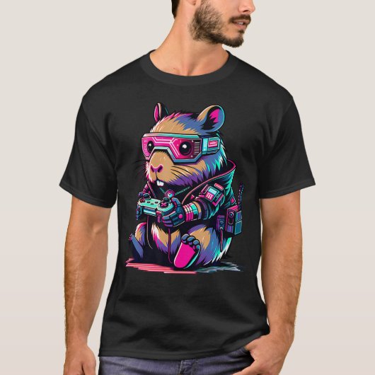 サイバー カピバラ ビデオ ゲーム カピバラ Tシャツ (正面)