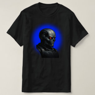 サイバー・スカル・ブルー・グロウ・ロボット・ヘッド・グラフィックデザイン Tシャツ