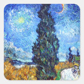 サイプレスと星の風景アートバンゴッホと道路 スクエアシール (正面)