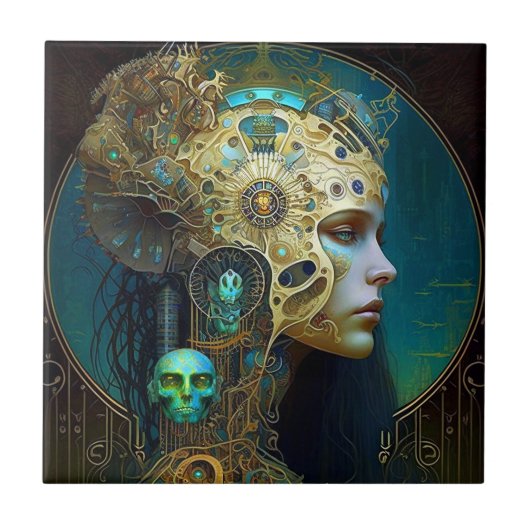 サイボーグ女性ファンタジーSci-Fiアートセラミックタイル タイル (正面)