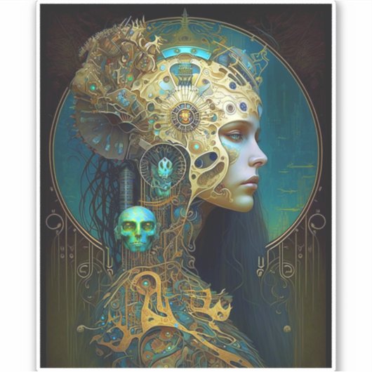 サイボーグ女性ファンタジーSFアートステッカー シール (正面)