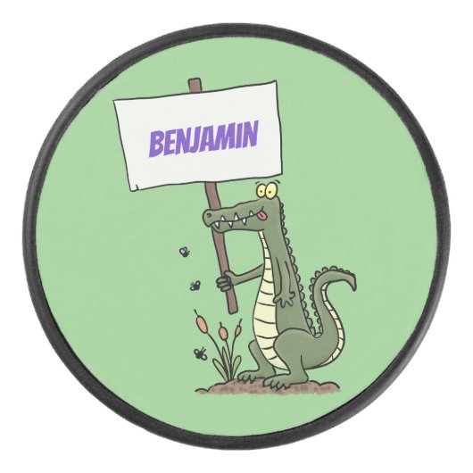 サインおもしろい漫画を持つワニのアリゲータ アイスホッケーパック (正面)