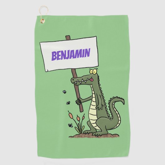 サインおもしろい漫画を持つワニのアリゲータ ゴルフタオル (正面)