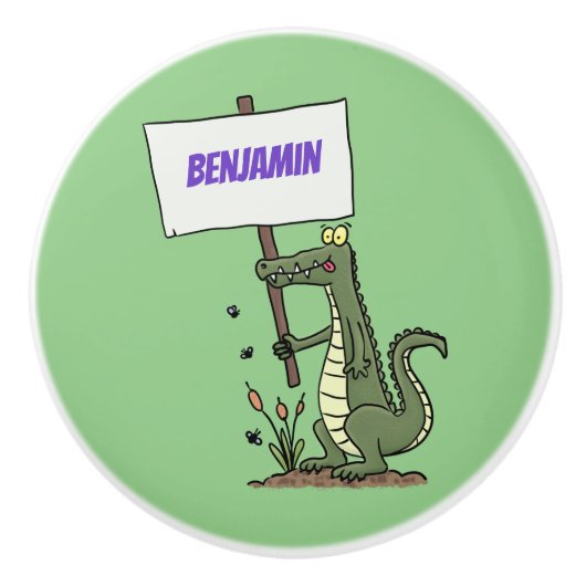 サインおもしろい漫画を持つワニのアリゲータ セラミックノブ (正面)