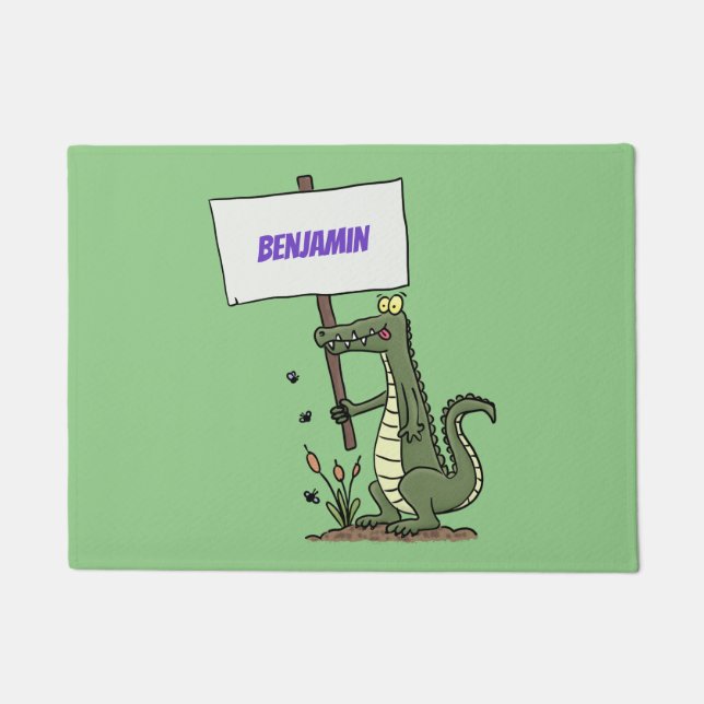 サインおもしろい漫画を持つワニのアリゲータ ドアマット (正面)