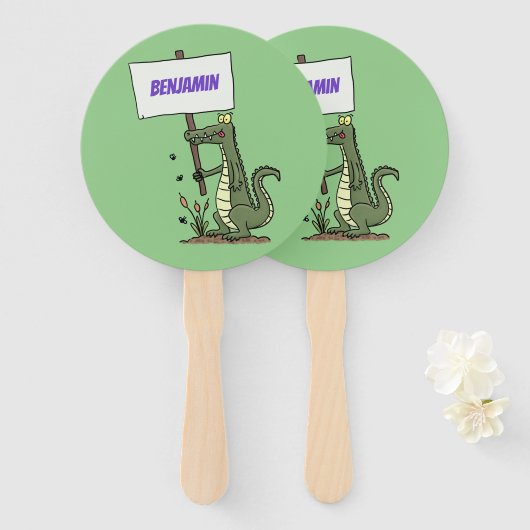 サインおもしろい漫画を持つワニのアリゲータ ハンドファン (正面&裏面)