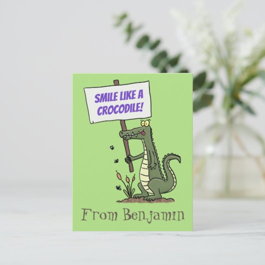 サインおもしろい漫画を持つワニのアリゲータ ポストカード (スタンド正面)