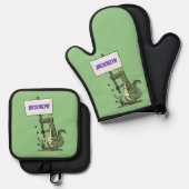 サインおもしろい漫画を持つワニのアリゲータ 鍋つかみ&鍋敷きセット (正面/裏面)