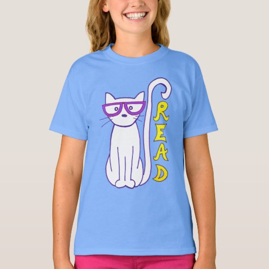 サイン入り紫の眼鏡を使った読白猫 Tシャツ (正面)