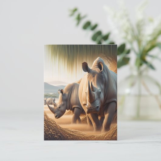 サイ威厳のあるノとサイの出会い ポストカード (スタンド正面)