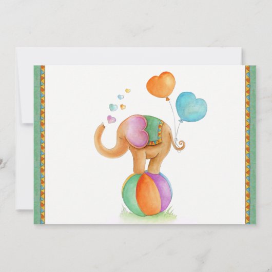 サイ象の水色の緑の茶色の赤ちゃんシャワー 招待状 (裏面)