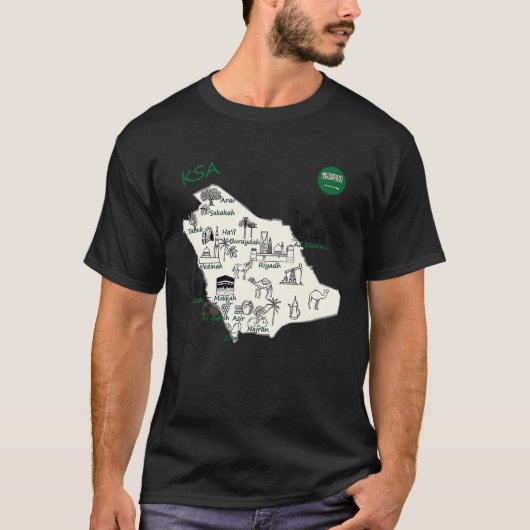 サウジアラビアの地図ハンドKSAア色彩の鮮やかトリビュートシティ Tシャツ (正面)