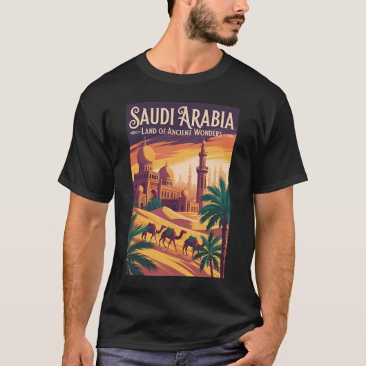 サウジアラビア 砂漠 イラスト 旅行 アート レトロ Tシャツ (正面)